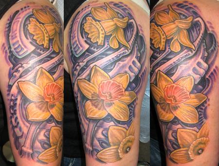 Tattoos - Biomech with Flowers Half Sleeve - 132261
